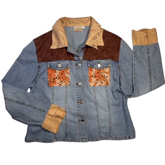 Denim Jacket Lightweight Brown Orange Floral Patchwork Tan Faux Suede Medium - Picture 3 of 11